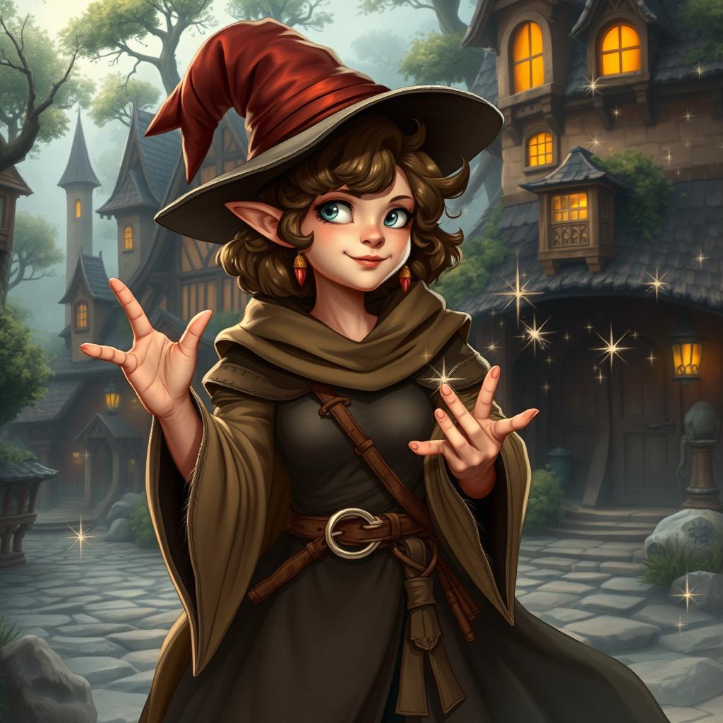 A female Halfling sorceress, inspired by the character Tim from Monty Python's Search for the Holy Grail, wearing a whimsical medieval outfit with flowing robes and a pointy hat