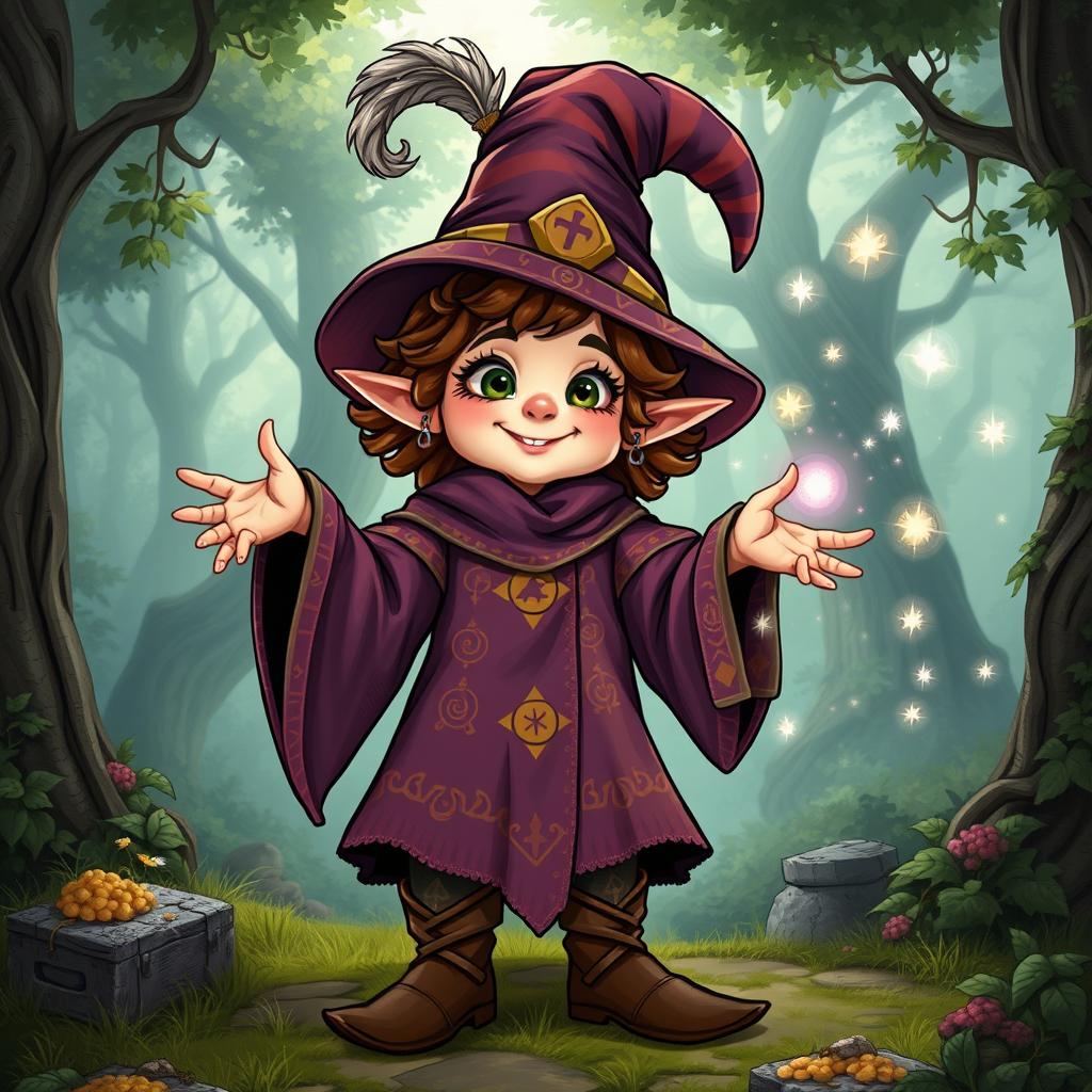 A female Halfling sorceress, similar in appearance to Tim from Monty Python's Search for the Holy Grail, featuring a playful expression and whimsical charm