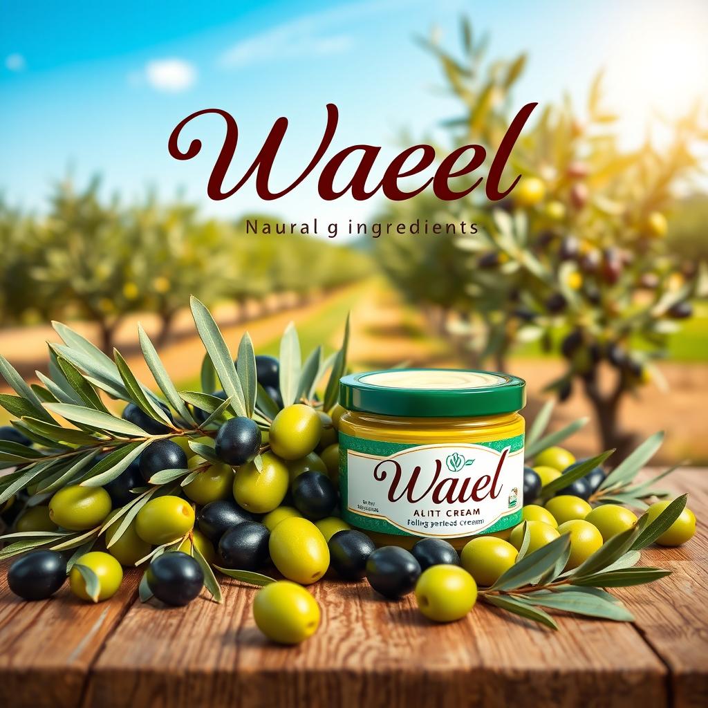 A vibrant and eye-catching advertisement design for the cream brand 'Wael', featuring a jar of the cream placed elegantly among a lush arrangement of green and black olives on a wooden table