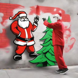 Santa Claus in his iconic red suit, actively creating a graffiti-style Christmas tree on a blank public wall in an urban backdrop