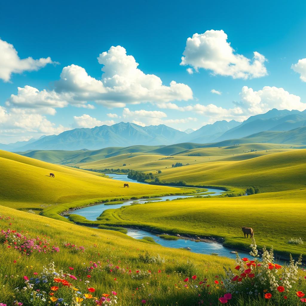 A photorealistic scene depicting a tranquil landscape featuring rolling hills bathed in warm sunlight