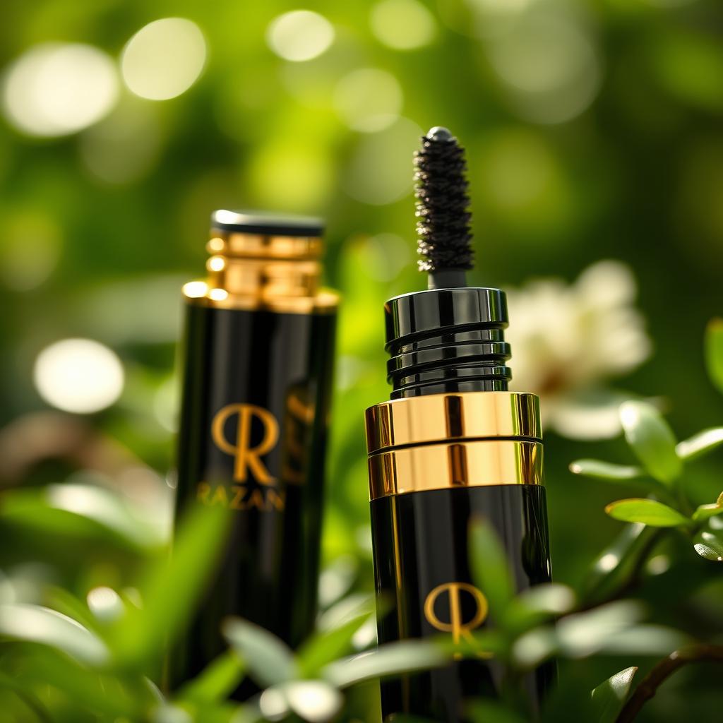 A close-up of the luxury mascara designed by the brand Razan, featuring an elegant, sleek mascara tube with a modern logo