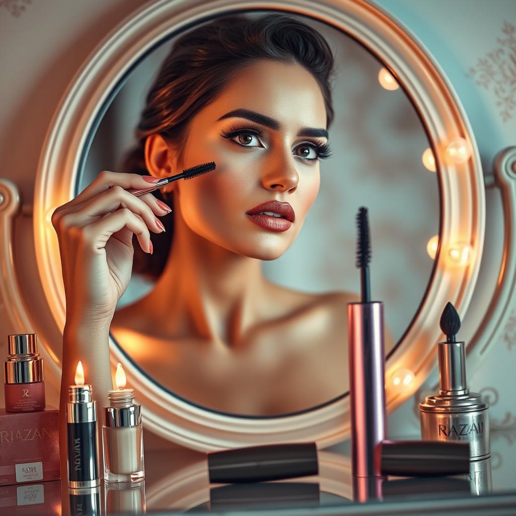 A glamorous advertising scene for a mascara brand called Razan