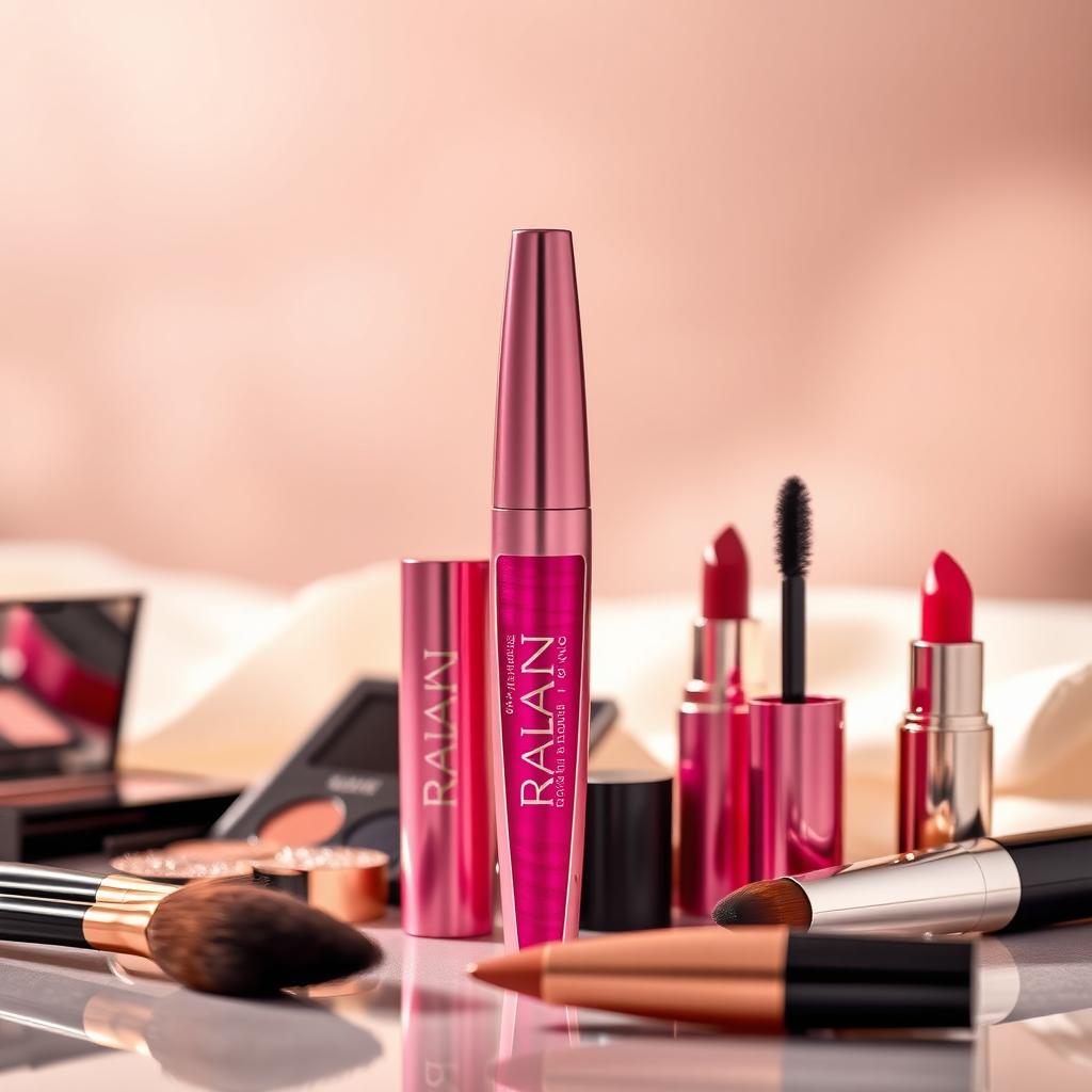 An elegant display of Razan mascara brand products artfully arranged against a soft-focus backdrop