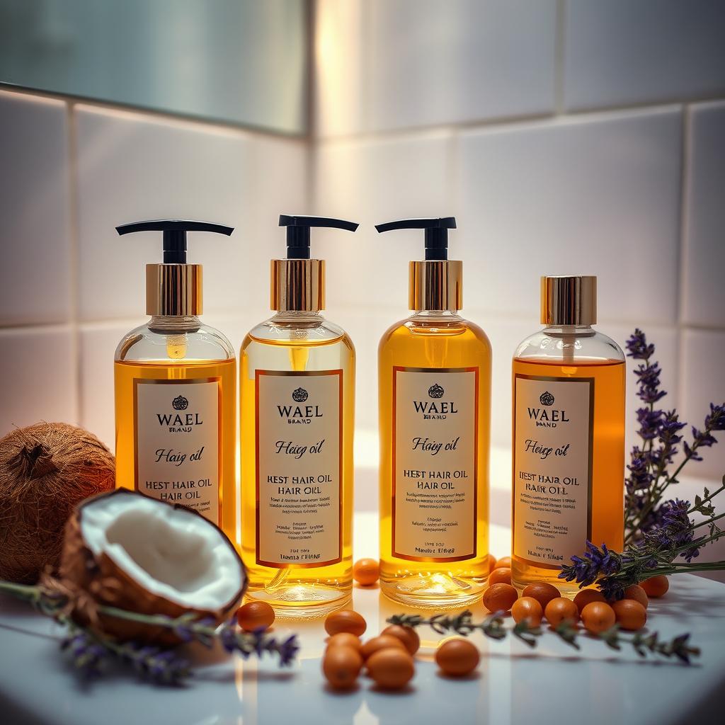 A beautifully arranged display of Wael brand hair oil bottles featuring elegant packaging and labels