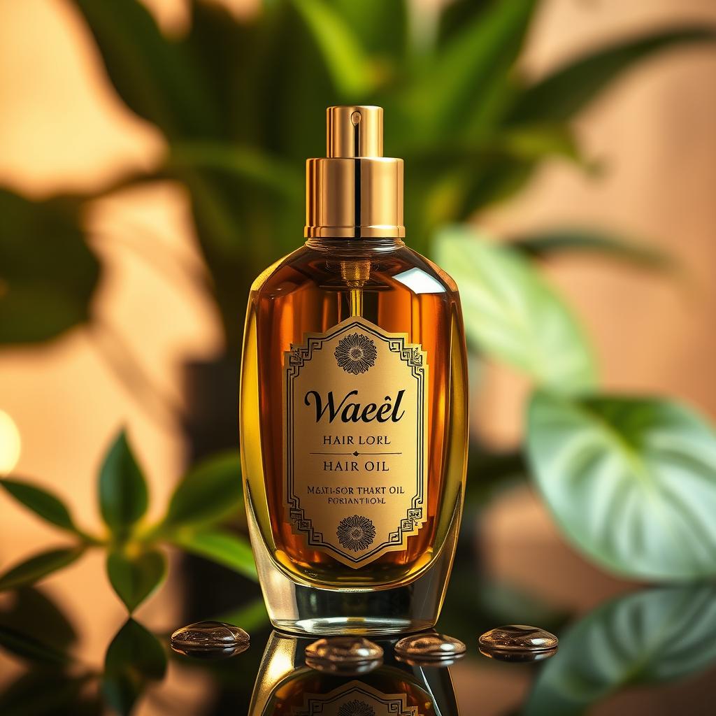 A luxurious hair oil bottle named 'Wael', elegantly designed with a sleek glass shape, adorned with golden accents