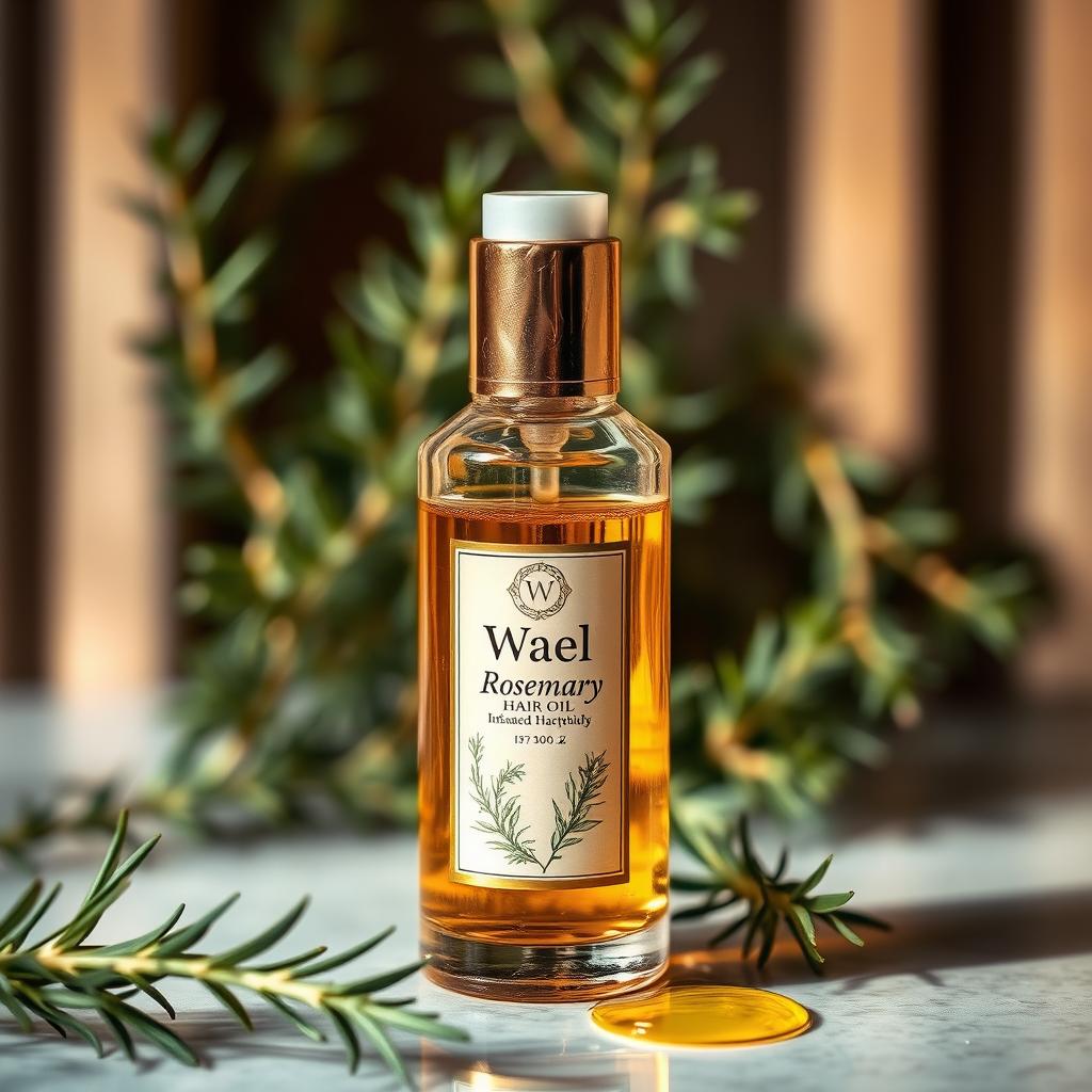 A luxurious hair oil bottle named 'Wael', infused with rosemary herb