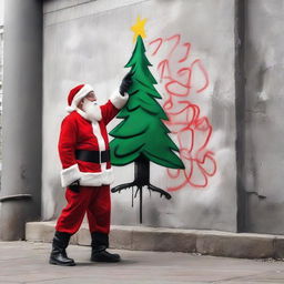 Santa Claus in his iconic red suit, actively creating a graffiti-style Christmas tree on a blank public wall in an urban backdrop