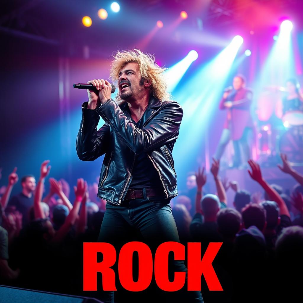 A vibrant and dynamic poster featuring a rock singer performing passionately on stage