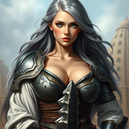 A busty, innocent, and beautiful Ukrainian crusader cleric of the Life domain, depicted as a kind and slim girl