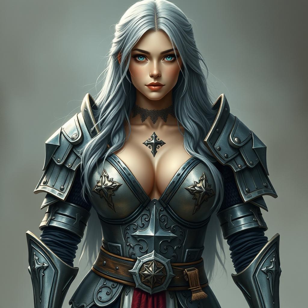 A busty, innocent, and beautiful Ukrainian crusader cleric of the Life domain, depicted as a kind and slim girl