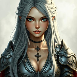 A beautiful and delicate Ukrainian crusader cleric of the life domain, featuring a slim girl with gigantic breasts, long ash grey hair, and very bright turquoise eyes