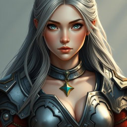 A beautiful and delicate Ukrainian crusader cleric of the life domain, featuring a slim girl with gigantic breasts, long ash grey hair, and very bright turquoise eyes