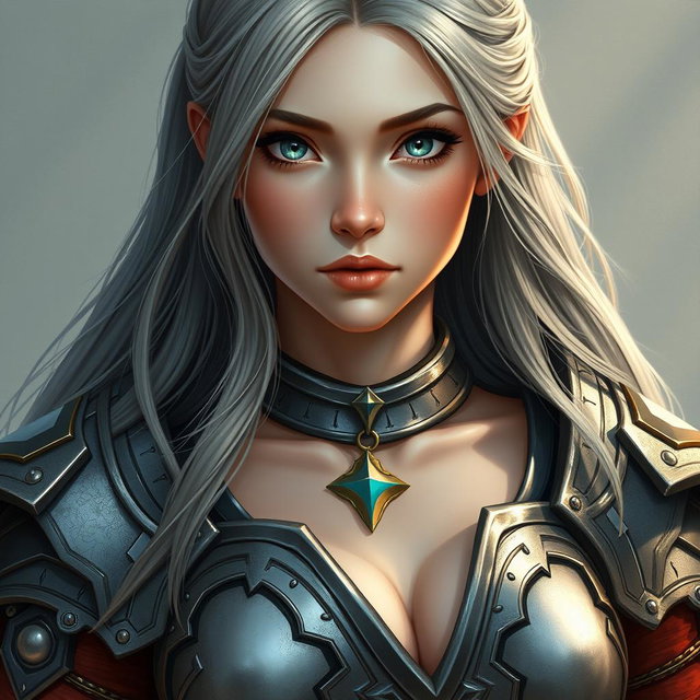 A beautiful and delicate Ukrainian crusader cleric of the life domain, featuring a slim girl with gigantic breasts, long ash grey hair, and very bright turquoise eyes