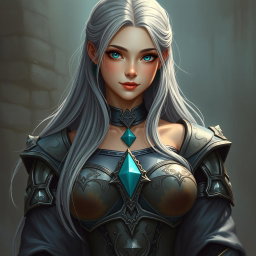 A beautiful and delicate Ukrainian crusader cleric of the life domain, featuring a slim girl with gigantic breasts, long ash grey hair, and very bright turquoise eyes