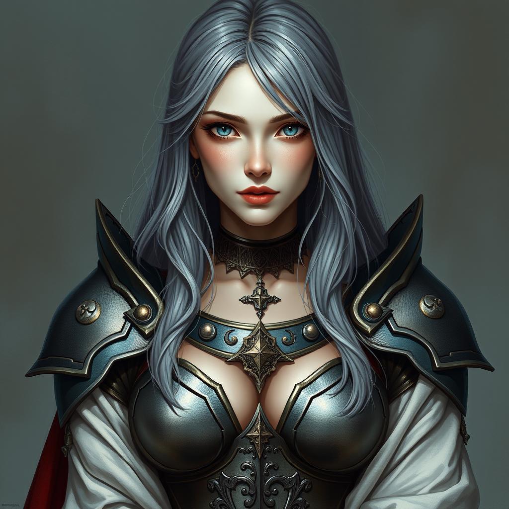 A beautiful and delicate Ukrainian crusader cleric of the life domain, featuring a slim girl with gigantic breasts, long ash grey hair, and very bright turquoise eyes
