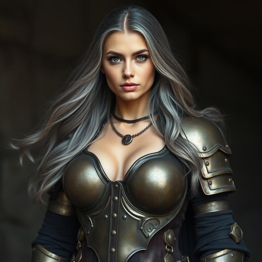 A realistic photo of a busty, innocent, and delicate beautiful Ukrainian crusader cleric devoted to the life domain