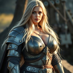 A realistic photo of a busty, innocent, and delicate beautiful Ukrainian crusader cleric devoted to the life domain