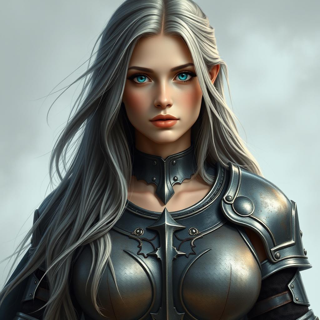 A realistic photo of a busty, innocent, and delicate-looking Ukrainian crusader cleric of the life domain, portrayed as a kind and slim girl