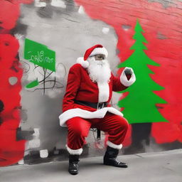 Santa Claus in his iconic red suit, actively creating a graffiti-style Christmas tree on a blank public wall in an urban backdrop