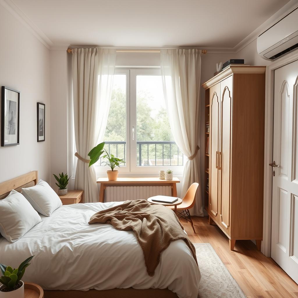 A cozy and serene 4x4 meter bedroom design featuring a comfortable double bed positioned optimally within the room