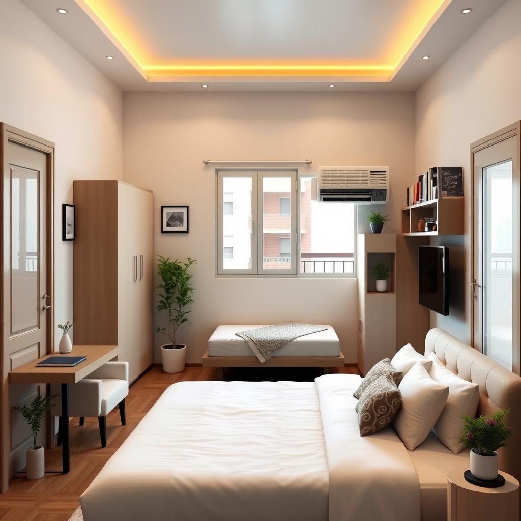 A cozy and peaceful 4x4 meter bedroom design featuring a comfortable bed, a small laptop table, and a spacious wardrobe with a cutout for a television
