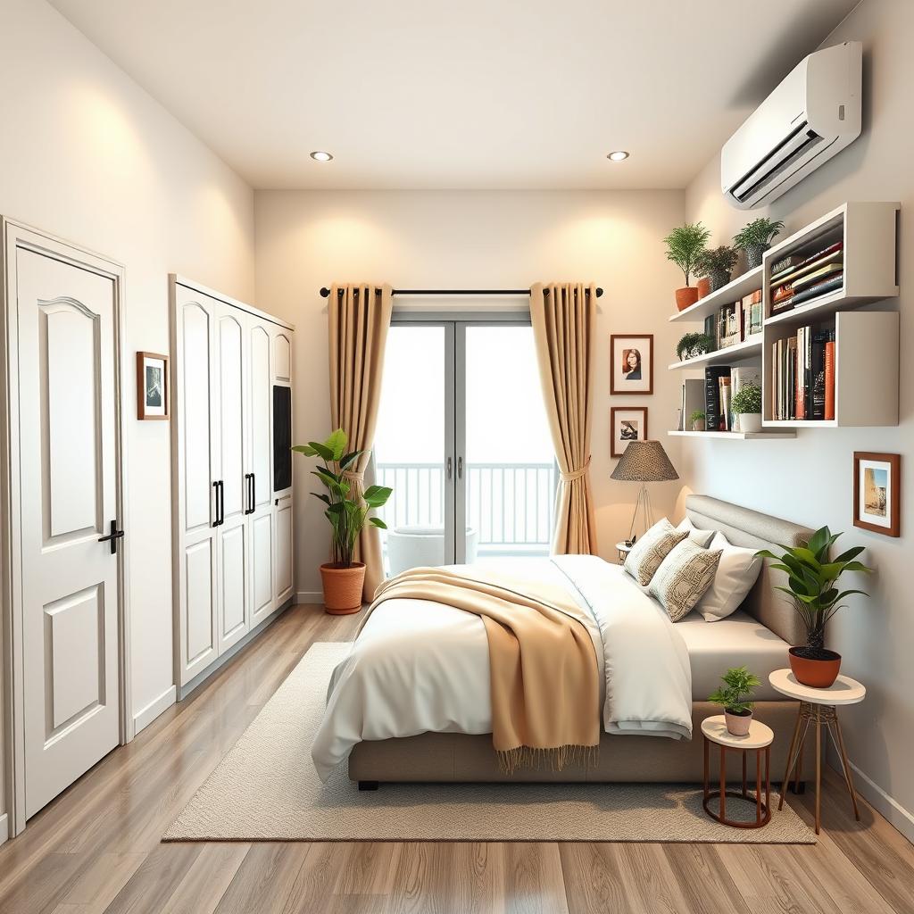 A cozy and serene 4x4 meter bedroom design featuring a comfortable double bed positioned thoughtfully in the room, with a small laptop table nearby