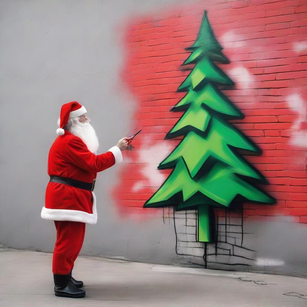 Santa Claus in his iconic red suit, actively creating a graffiti-style Christmas tree on a blank public wall in an urban backdrop