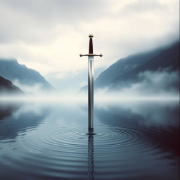 A serene and atmospheric book cover featuring a sword poised above a tranquil lake, its tip gently touching the water's surface, creating delicate ripples