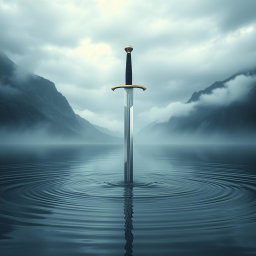 A serene and atmospheric book cover featuring a sword poised above a tranquil lake, its tip gently touching the water's surface, creating delicate ripples