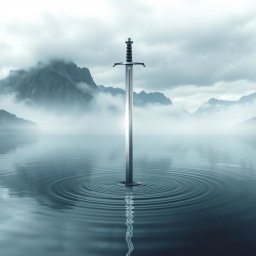 A serene and atmospheric book cover featuring a sword poised above a tranquil lake, its tip gently touching the water's surface, creating delicate ripples