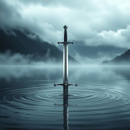 A serene and atmospheric book cover featuring a sword poised above a tranquil lake, its tip gently touching the water's surface, creating delicate ripples