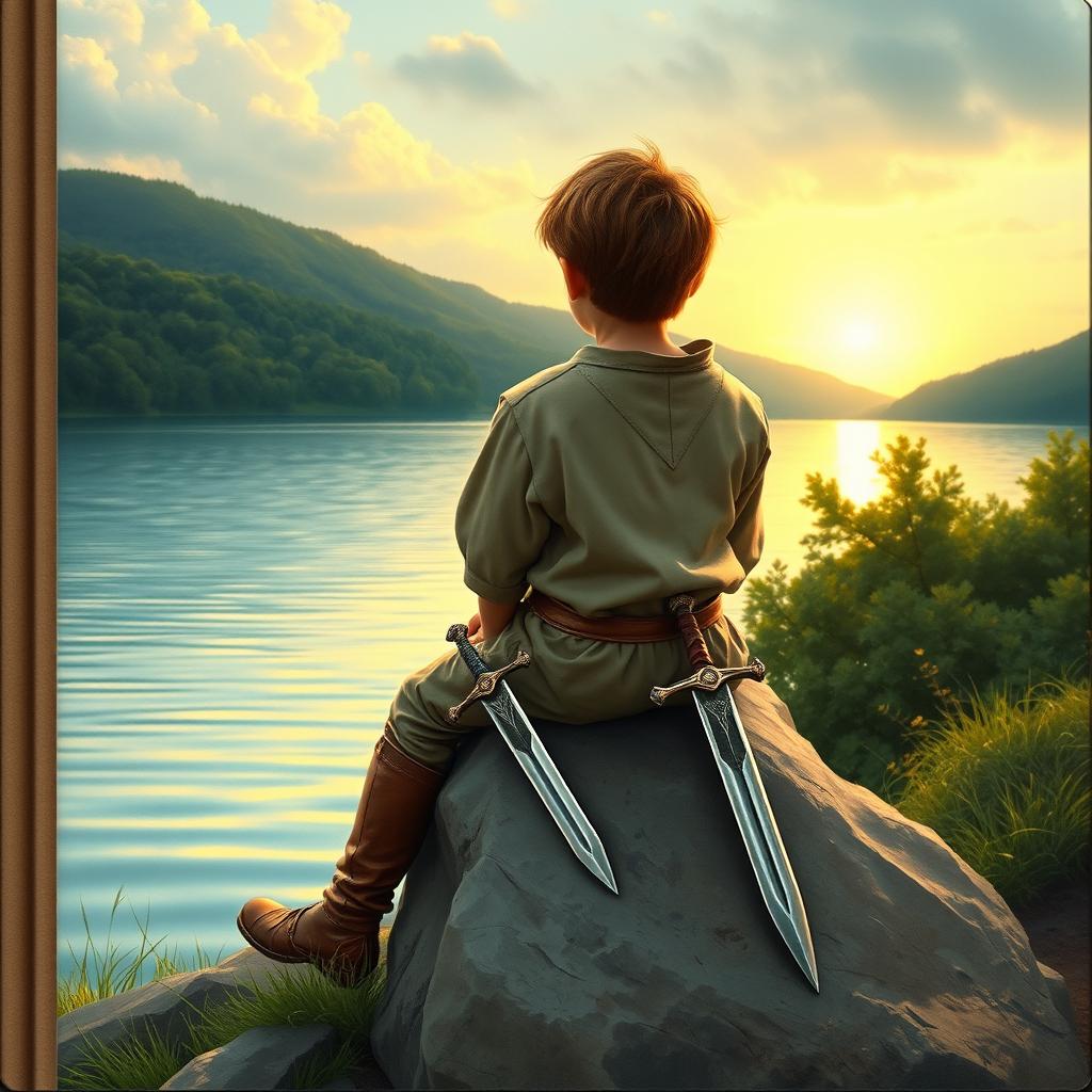 A serene and evocative book cover depicting a young boy of seven years old, dressed in medieval attire, consisting of a simple tunic and leather pants