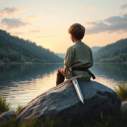 A serene and evocative book cover depicting a young boy of seven years old, dressed in medieval attire, consisting of a simple tunic and leather pants