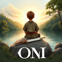 A serene and evocative book cover depicting a young boy of seven years old, dressed in medieval attire, consisting of a simple tunic and leather pants