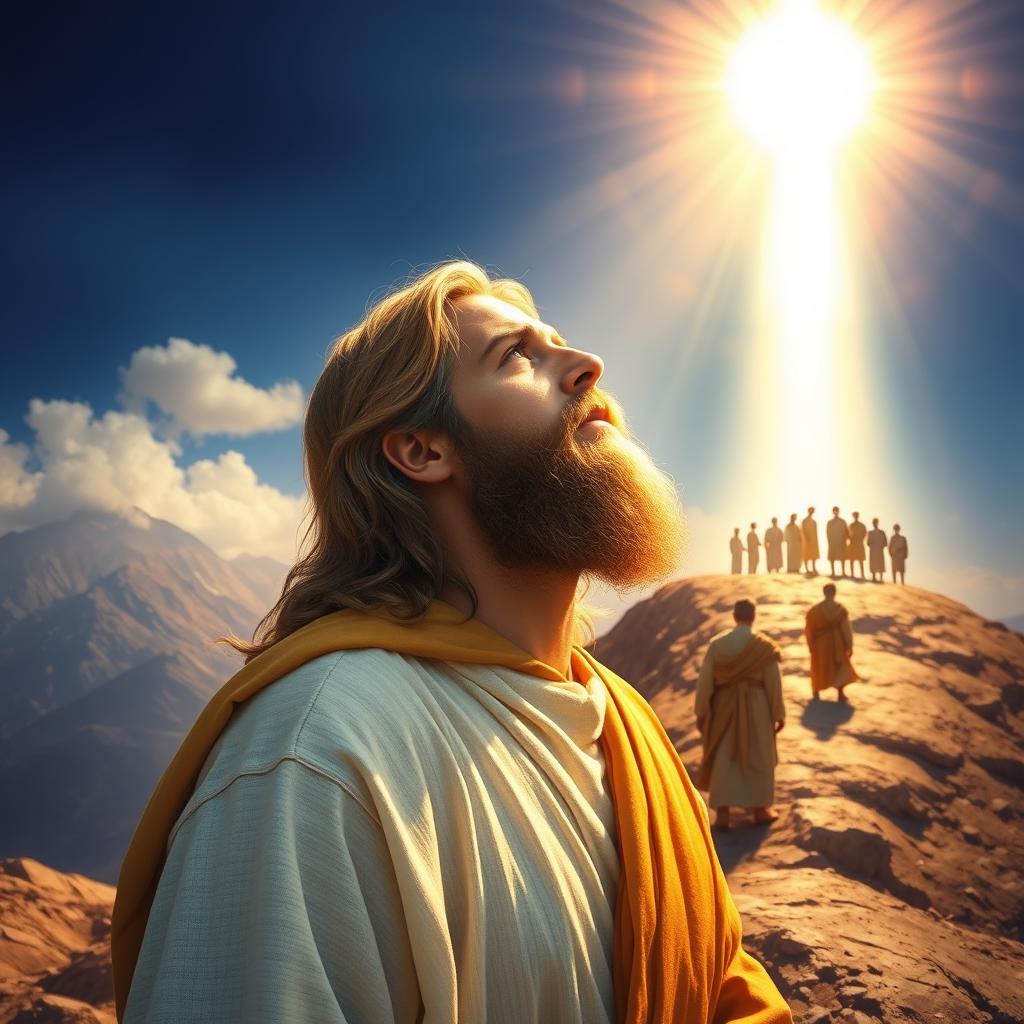 A radiant depiction of Prophet Moses on Mount Sinai, illuminated by a divine light shining down from the sky