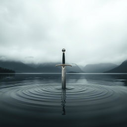 A captivating book cover featuring a sword delicately poised over a serene lake, its tip just touching the water's surface, causing soft ripples to emanate outward