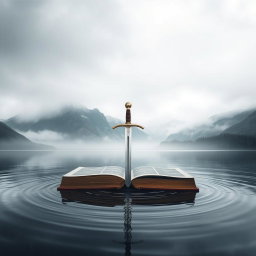 A captivating book cover featuring a sword delicately poised over a serene lake, its tip just touching the water's surface, causing soft ripples to emanate outward