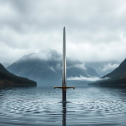 A captivating book cover featuring a sword delicately poised over a serene lake, its tip just touching the water's surface, causing soft ripples to emanate outward