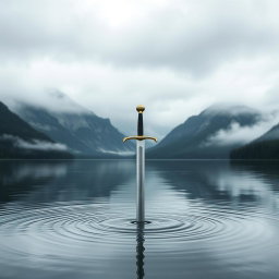 A captivating book cover featuring a sword delicately poised over a serene lake, its tip just touching the water's surface, causing soft ripples to emanate outward
