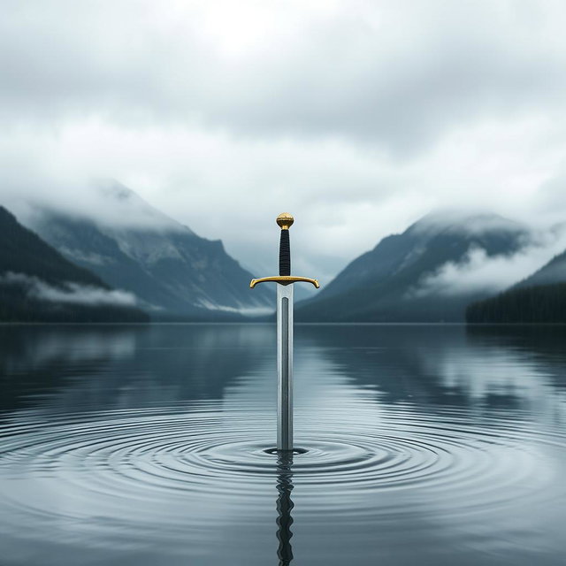 A captivating book cover featuring a sword delicately poised over a serene lake, its tip just touching the water's surface, causing soft ripples to emanate outward