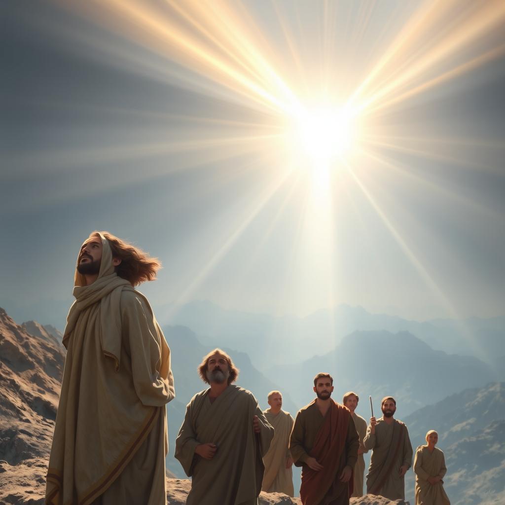 A radiant depiction of Prophet Moses on Mount Sinai, illuminated by a divine light shining down from the sky