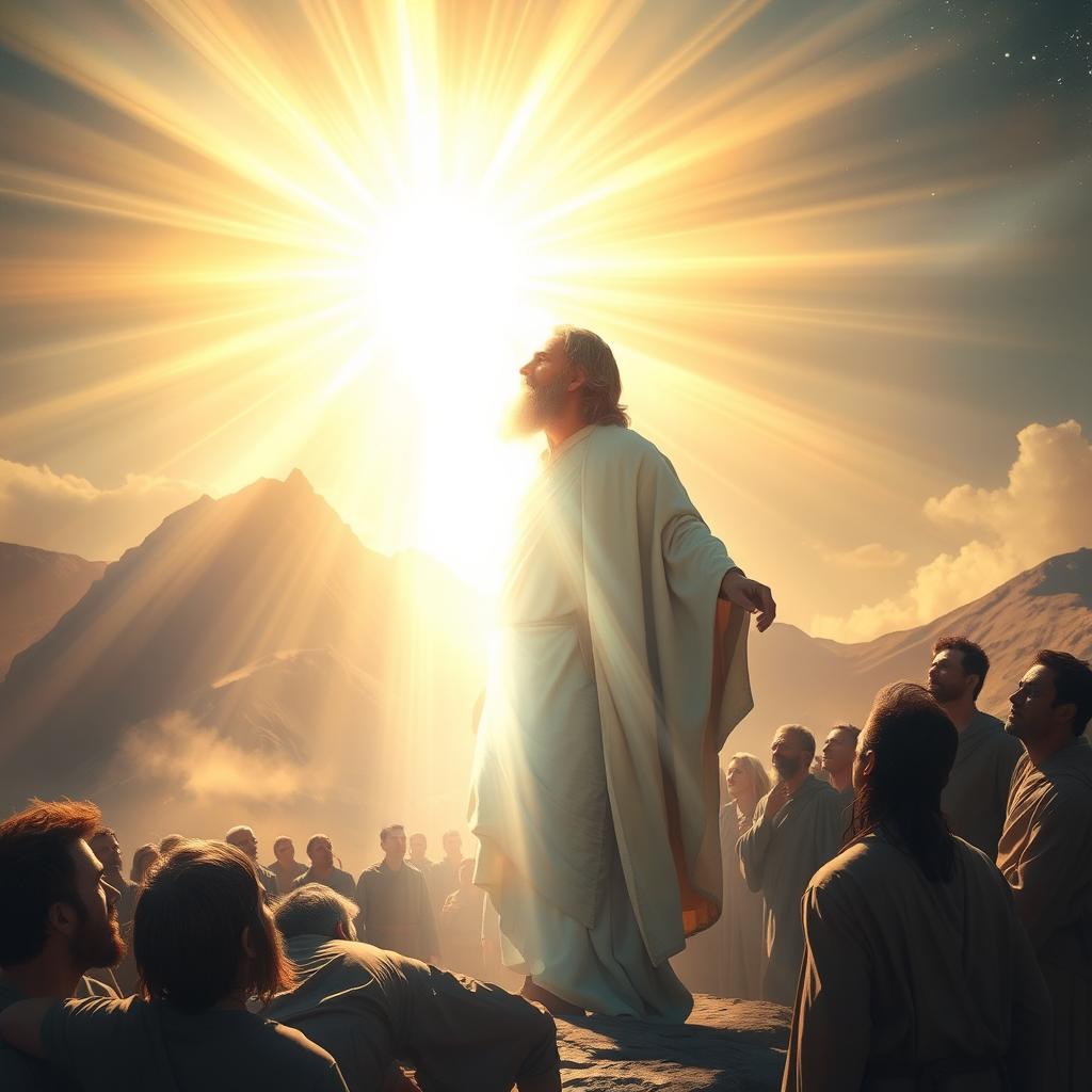 A captivating scene depicting Prophet Moses standing on Mount Sinai, emanating a radiant, divine light