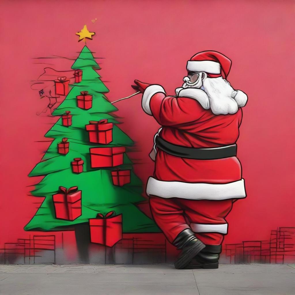 Santa Claus in his iconic red suit, actively creating a graffiti-style Christmas tree on a blank public wall in an urban backdrop