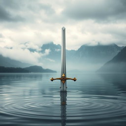 A captivating book cover featuring a sword with only its hilt visible above the surface of a tranquil lake, creating an air of mystery and intrigue