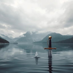 A captivating book cover featuring a sword with only its hilt visible above the surface of a tranquil lake, creating an air of mystery and intrigue