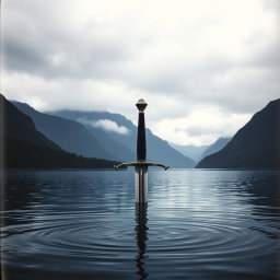 A captivating book cover featuring a sword with only its hilt visible above the surface of a tranquil lake, creating an air of mystery and intrigue