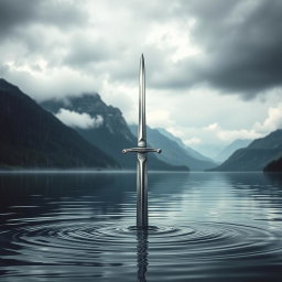 A captivating book cover featuring a sword with only its hilt visible above the surface of a tranquil lake, creating an air of mystery and intrigue