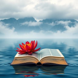 A stunning book cover featuring a vibrant fire lily gracefully floating on the surface of a calm lake
