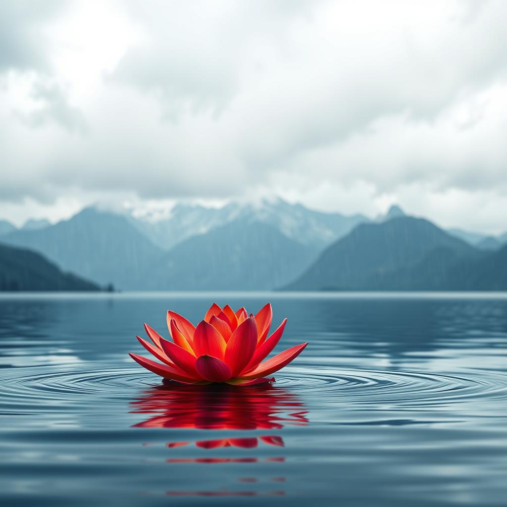 A stunning book cover featuring a vibrant fire lily gracefully floating on the surface of a calm lake